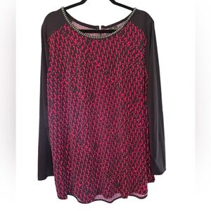 Worthington Woman Black Red Patterned Embellished Round Neck Tunic Top Size 3X